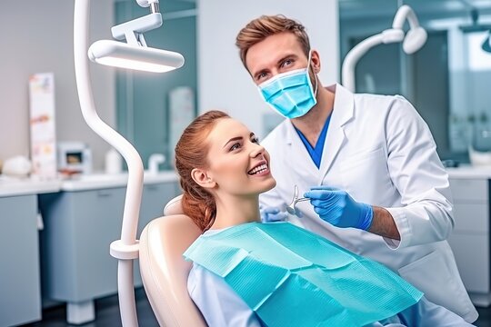 A male dentist treats a woman's teeth in a dental chair. Generative AI.