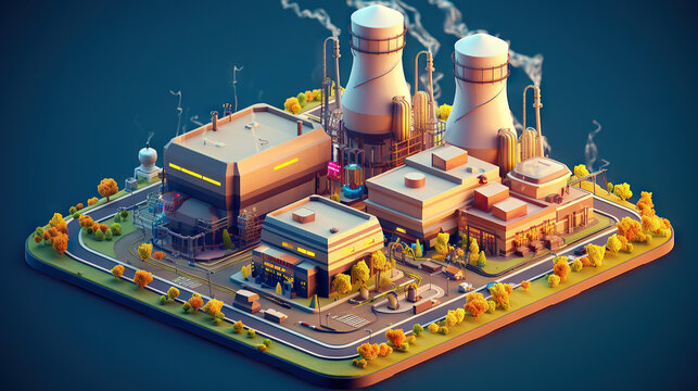 A 3D, 32-bit isometric anime-style representation of a nuclear power plant, combining unique aesthetics and technical elements.
