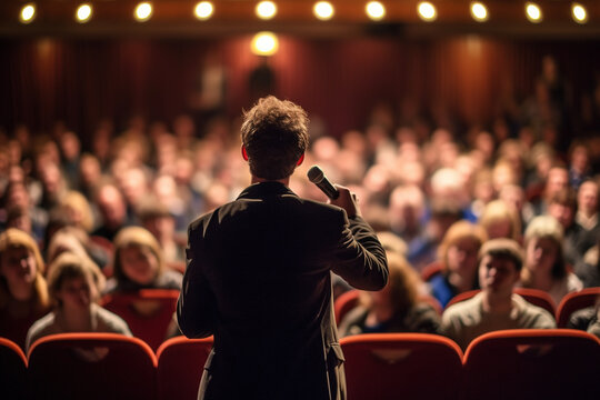 Back photo of A speaker with microphone in front of audiences. Comedy music and theater live performance