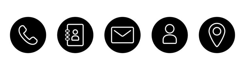 Outline contact us icon set. Support icons. Outline contact icon in circle. Phone symbol. Linear location pointer in black. Phone book symbol
