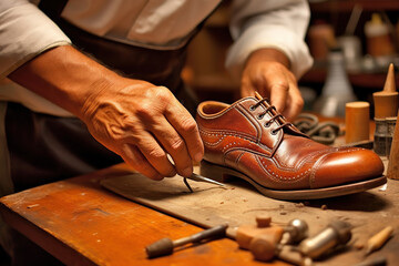 Shoemaker repairs shoes in the workshop. Close-up. Generative AI