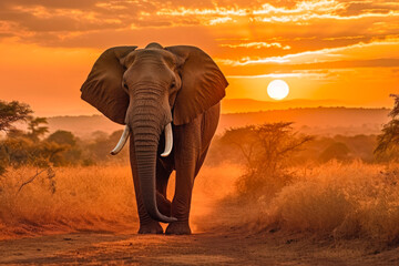 Naklejka na ściany i meble Elephant sunrise. Image of an elephant at sunrise or sunset. generative ai