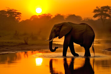 Fototapeta na wymiar Elephant sunrise. Image of an elephant at sunrise or sunset. generative ai