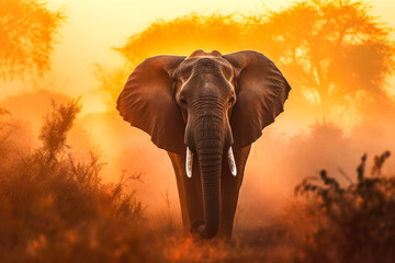 Elephant sunrise. Image of an elephant at sunrise or sunset. generative ai