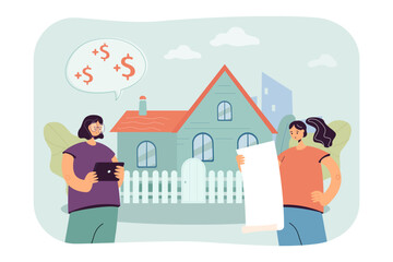 Confused women planning budget vector illustration. Cartoon drawing of married couple counting bills, budget or expenses management. Household spending, finances, budget, economy concept