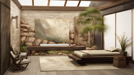 Modern room design in brown colors with green plants, generative ai