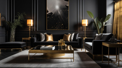 Luxury room design in black and gold colors, generative ai