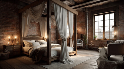 Rustic bedroom design with brown colors, generative ai