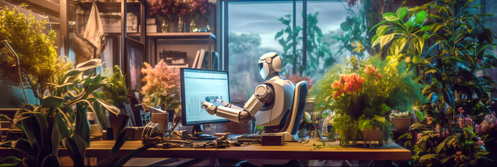 Arbeitsplatz mit Roboter und Mensch. Zukunftsvision. Generiert mit KI