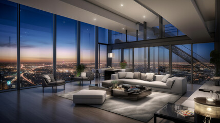 Living room design, penthouse with panoramic city view, generative ai