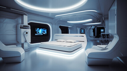 Futuristic high tech technology bedroom design, generative ai