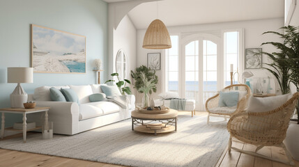 Living room modern design with panoramic ocean view, generative ai
