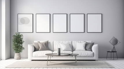 Blank picture frame mockup on white wall in living room, generative ai