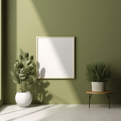 Empty vertical frame mockup in modern minimalist interior with plant on green wall, generative ai
