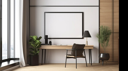 Empty vertical frame mockup in modern minimalist office interior, generative ai