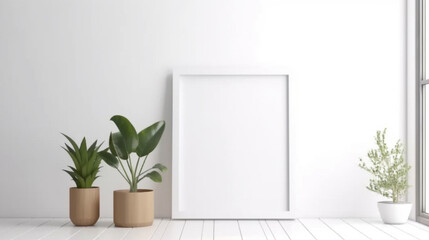 Empty vertical frame mockup in modern minimalist interior with plant, generative ai