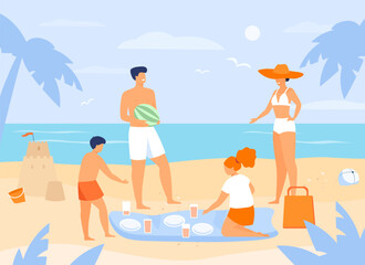 Happy family having picnic on beach vector illustration. Father holding watermelon, mother sunbathing and children drinking juice near sea. Travel, family reunion, tourism concept