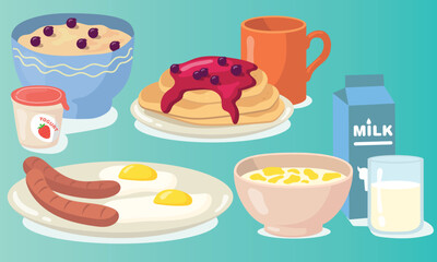 set of food and drinks