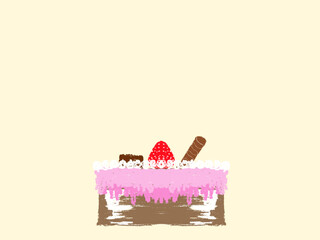 Vector drawing, cartoon line art, one strawberry cake on top laying strawberries and chocolate, cream colored background