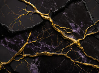 Background, texture, black marble with amethyst. AI generative.