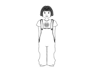 Drawing of girl curly hair wear overalls isolated