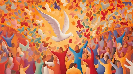 Foto op Plexiglas A vibrant illustration of a white dove against a colorful background, symbolizing unity and peace on International Day of Peace © DigiArtStudio