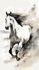 Obraz na płótnie Canvas horse running on the beach - wild white stallion watercolor painting chinese ink drawing 