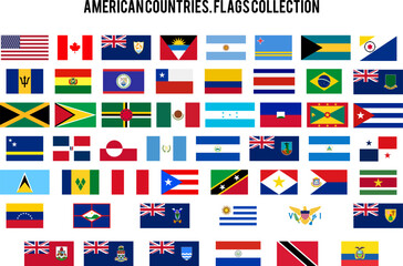 Americas Flag Icons Set. America Countries Original Flags - USA, Canada, Argentina and other. Stock Vector Graphics Element. 52 symbols