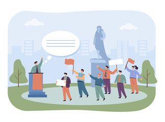 Spokesman giving speech at square vector illustration. Activists with banners listening to public sector quote with monument of woman in background. Public sector, government, protest concept