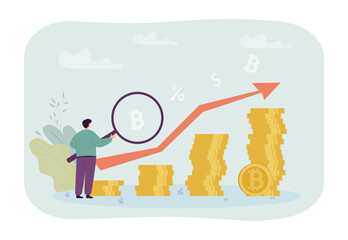 Tiny man with magnifier and increasing cryptocurrency chart. Financial growth of crypto, value or cost increase of virtual money vector illustration. Cryptocurrency, investment, finances concept