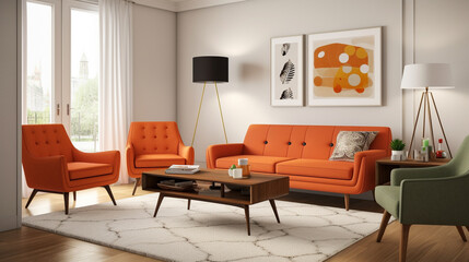 Mid-century modern living room design, generative ai