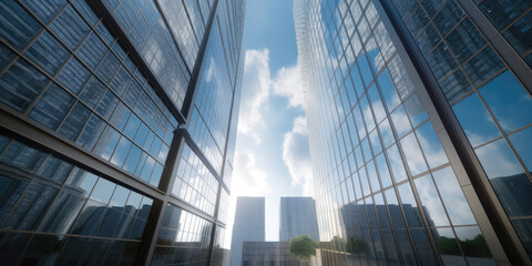Fototapeta na wymiar View from below of modern corporate office buildings. Generative AI