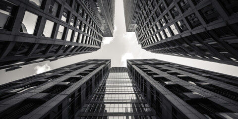 View from below of modern corporate office buildings. Generative AI