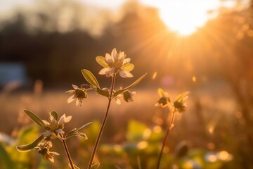 Blooming flower in the spring morning with golden sunrise, Generative Ai