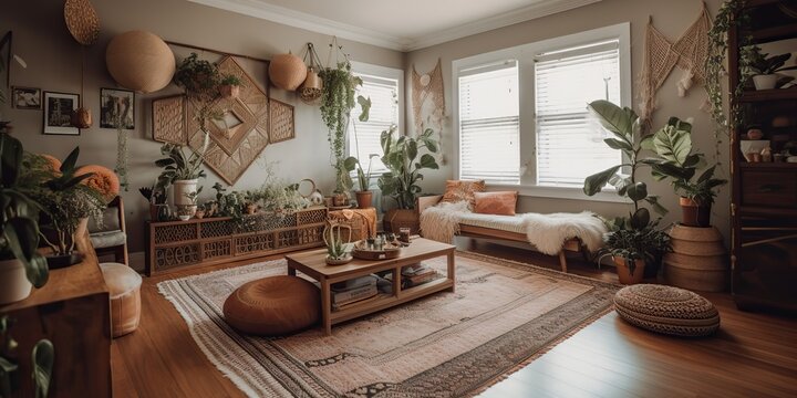 AI Generated. AI Generative. Rustic retro vintage cozy living room. Macrame, plants, sofa, wood indoor romantic hippie style. Graphic Art