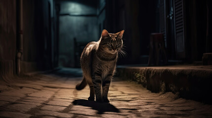 a cat at night on a street. Generative AI - obrazy, fototapety, plakaty