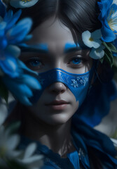 A woman with a blue mask and flowers on her face. Generative AI