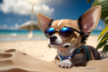 Chihuahua with sunglasses on tropical beach. Generative AI