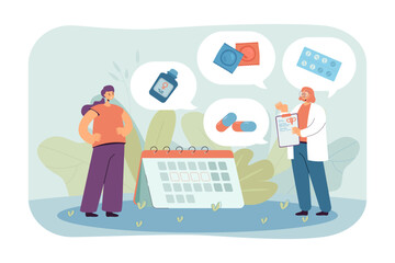 Woman receiving free contraception medicine vector illustration. Doctor offering birth control pills, condoms, medication for safe sex. Woman health, reproductive system concept