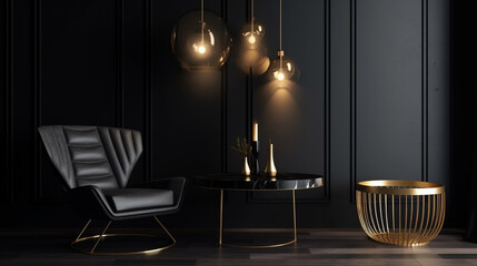 Luxury room design in black and gold colors, generative ai