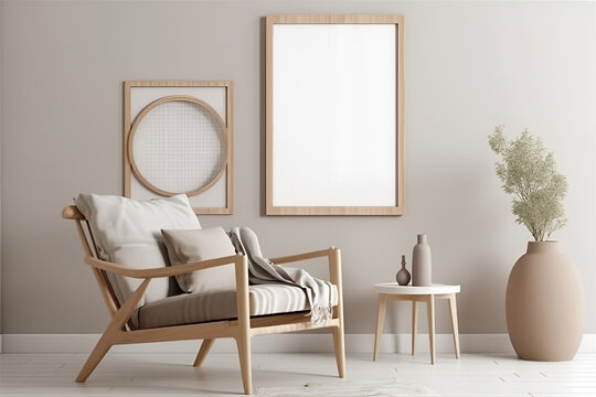 Mockup frame in a living room in neutral colors with chair. Generated AI