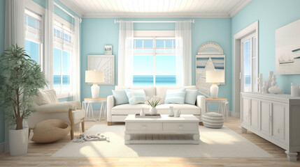 Fototapeta na wymiar Nature inspired oceanic colors room design, generative ai