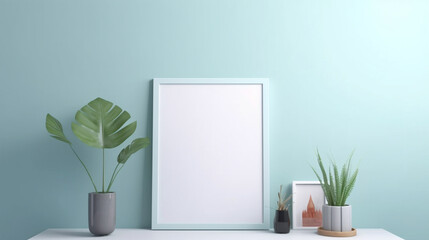 Empty vertical frame mockup in modern minimalist interior with plant on blue wall, generative ai