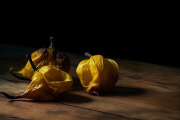 Rotten yellow bell peppers on a wooden table. Dim studio light. Generative Ai.