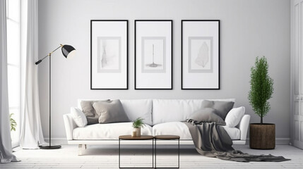 Blank picture frame mockup on white wall in living room, generative ai