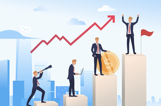 Businessman achieving success vector illustration. Office worker on different steps of career ladder planning, working on laptop, earning money. Business development, success concept