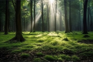 Green Forest with Beautiful Rays of Sun. Generative AI