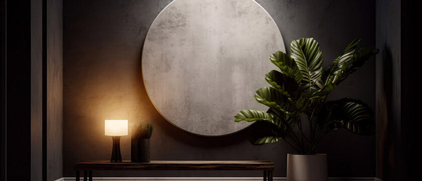 Loft, modern interior mockup with empty circle frame on concrete textured wall with tropical plants. Luxury hotel resort background for bathroom. Vacation template. Minimalism. Generative ai.