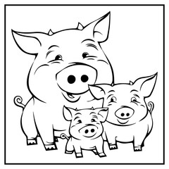 Pig Family Coloring Book Page Cartoon Ilustration