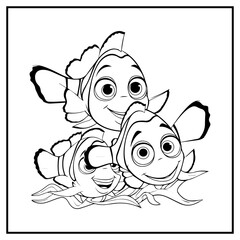 Nemo Fish Family Coloring Book Page Cartoon Ilustration